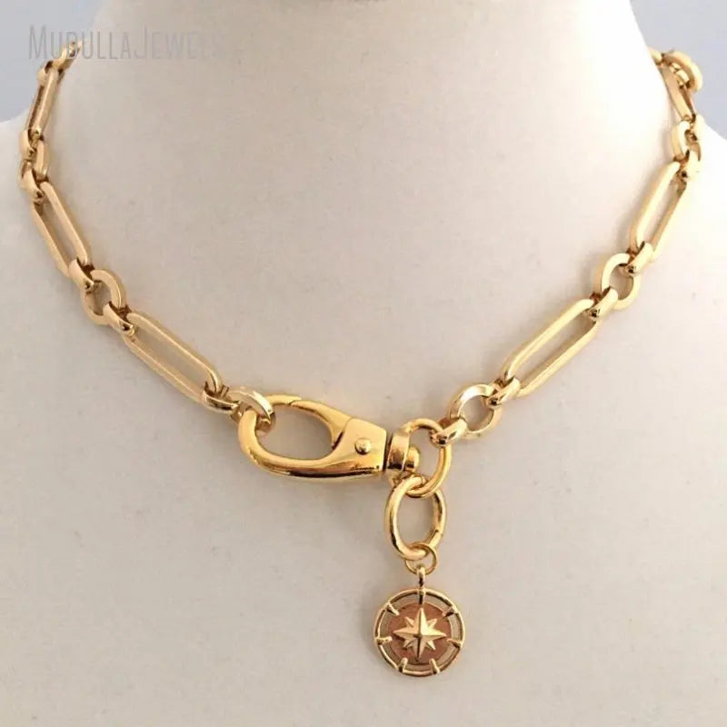 NM35075 Brass Jewelry Chain Necklace With Star Pendant Choker Necklace Gold Plated Minimal Minimalist Jewelry