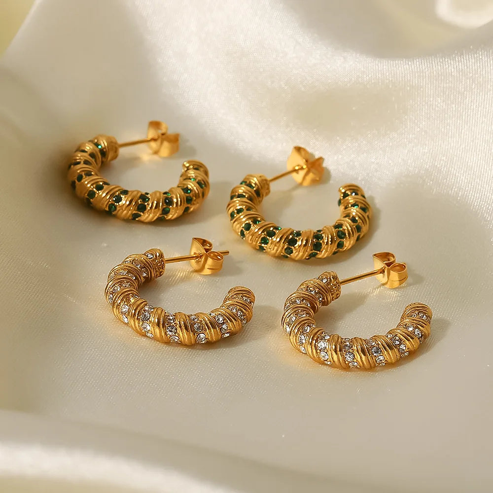 Hot Selling New Fashionable C-Shaped Spiral Zircon Stainless Steel 18K Gold Jewelry Gift Stud Earrings