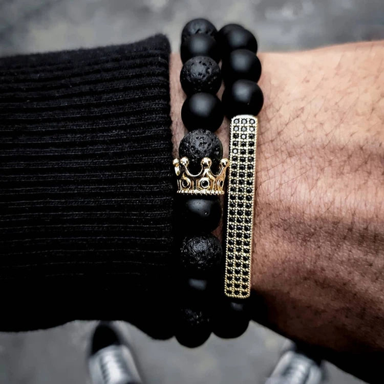 2025 Fashion Classic 2 Pcs/set Couple Gifts Black Rectangular Crown Matte Lava Stone Bead Bracelet for Men