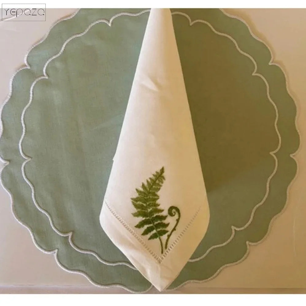 Green Plant Hand Embroidered White Napkin