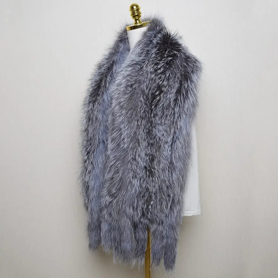 MWfur Winter Fashion Scarf Hand Knitted Full Fur Black Fox Fur Scarf for Men Women Silver Fox Fur Shawl