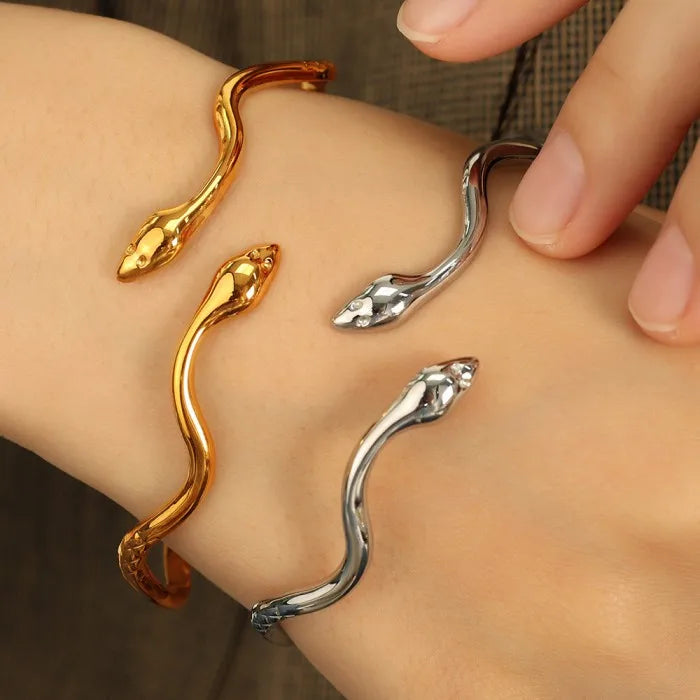 18k Gold Plated Wavy Double-headed Snake Design Bracelet Stainless Steel Statement Waterproof Jewelry Women