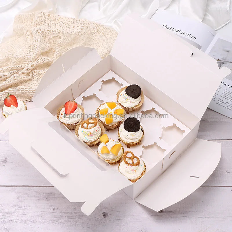Luxury Quality 12 Holes Muffin and Cupcakes Folders Packaging Box with Handle Disposable Glossy/Matt Lamination & Embossing