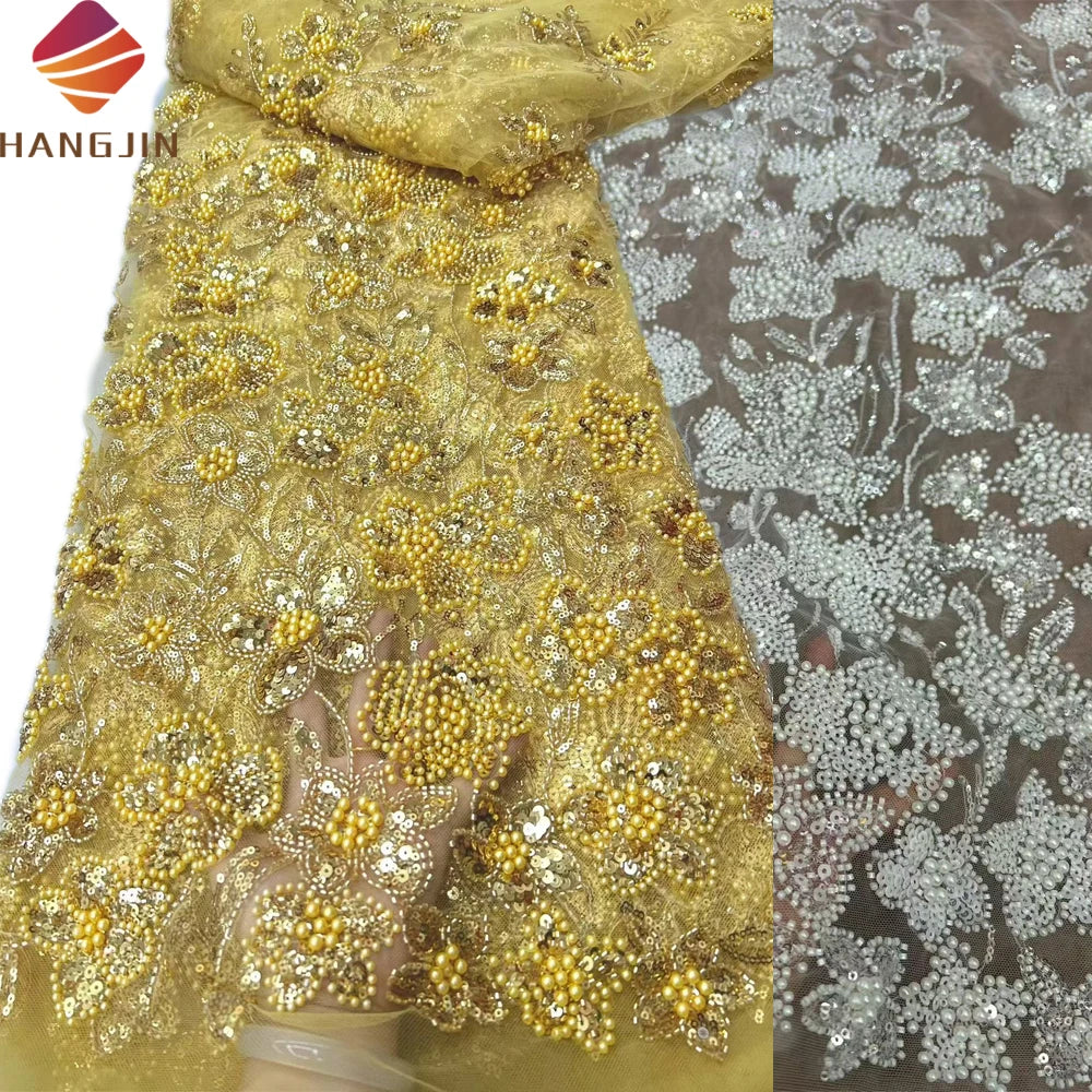 Wholesale 2026 Luxury Gold Beaded Sequined Lace Fabric Factory French Net Embroidered Beads Lace Fabric for Women Wedding Dress