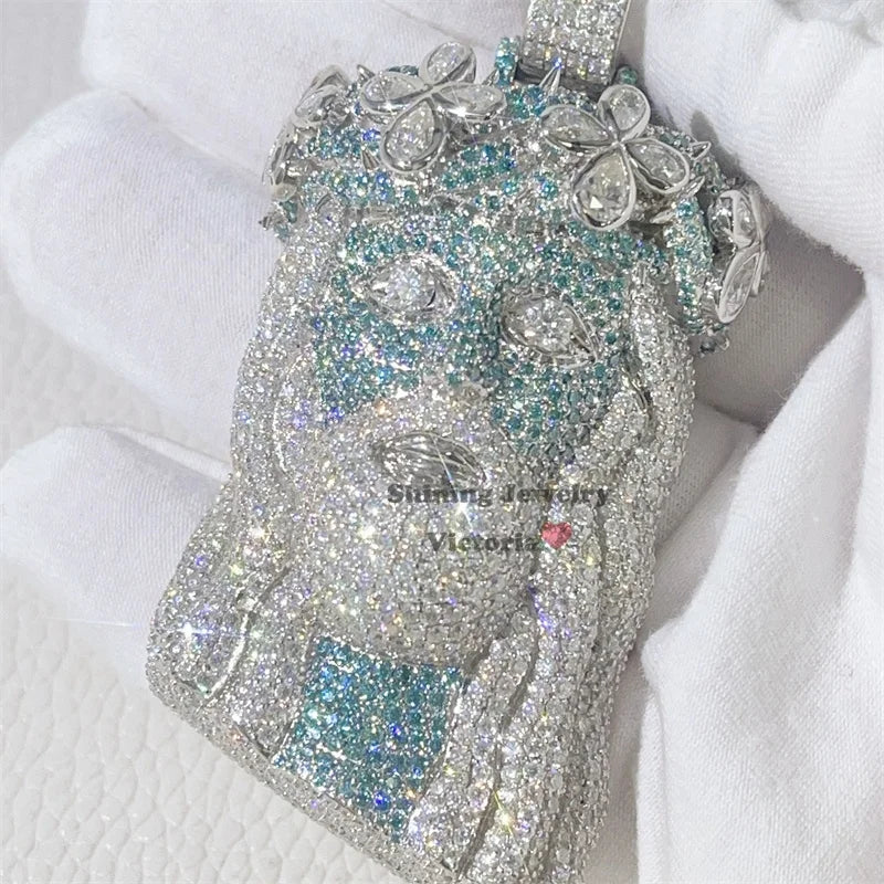 GRA Certificated Pass Diamond Tester 2.5" Blue Mix White Moissanite Diamond Hip Hop Iced Out Jesus Pendant