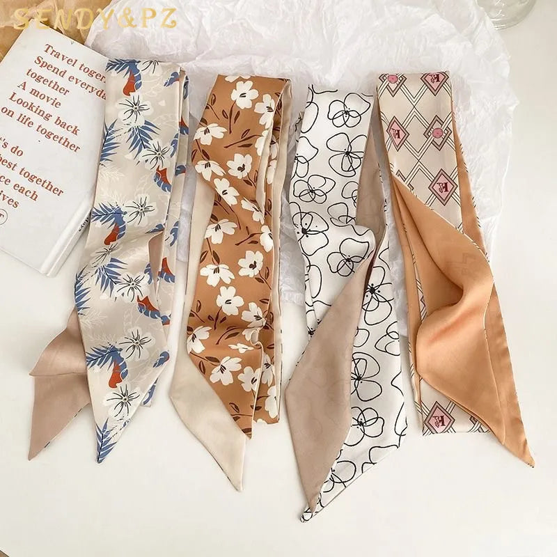 Sweet Flower Printed Long Ribbon Silk Satin Scarf Bag Tie Women Scarves Hairband Lady Neckerchief Ribbons