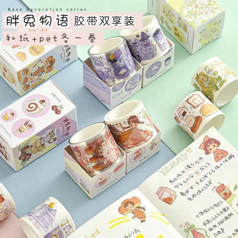 Creative Fat Rabbit Story Series Blind Box Pet with Release Hand Account Decoration and Paper Wash Tape Diy Sticker Tape 2 Rolls