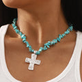 Hot Sale Statement Irregular Natural Stone Crushed Stone Necklace Cowboy Style Turquoise Cross Pendant Necklace Gifts for Women