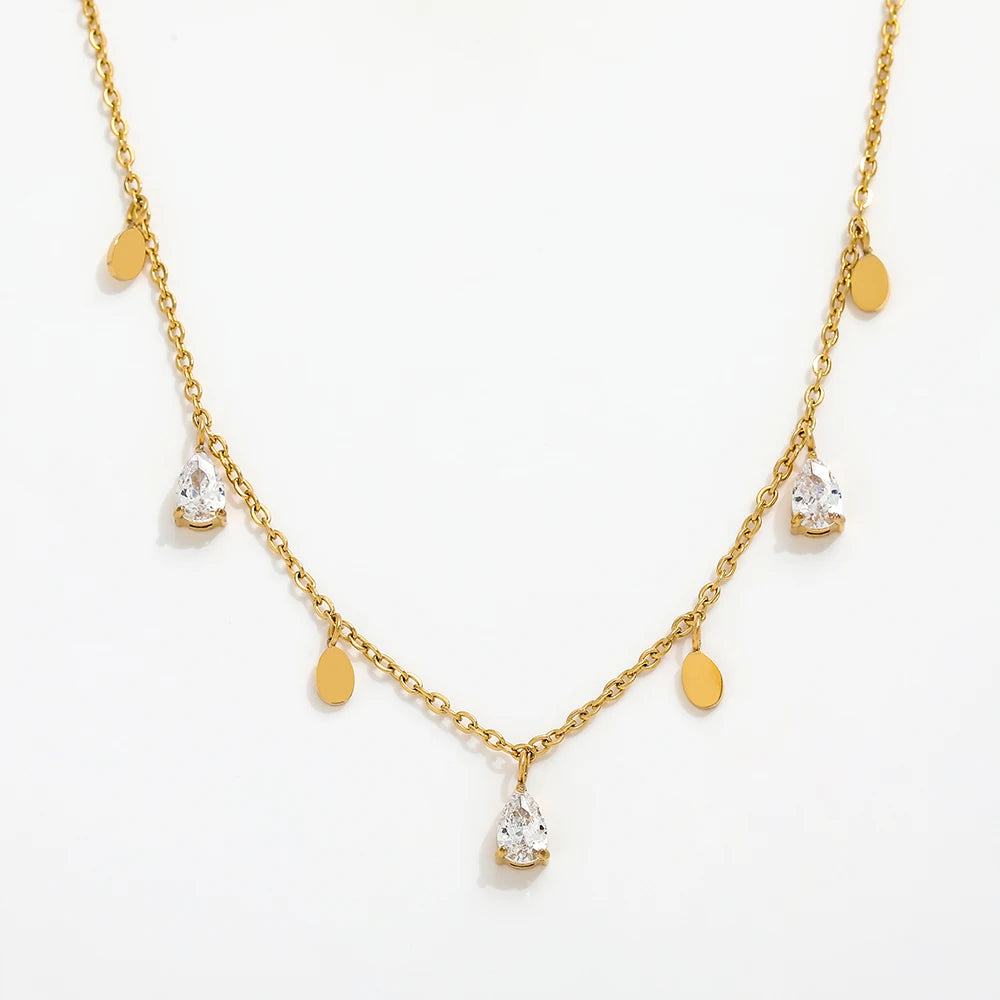 Fenny 18K Gold Plated Wholesale Tarnish Free Fashion Elegant Tassel Water Drop Zircon Pendant Pave Stainless Steel Necklace