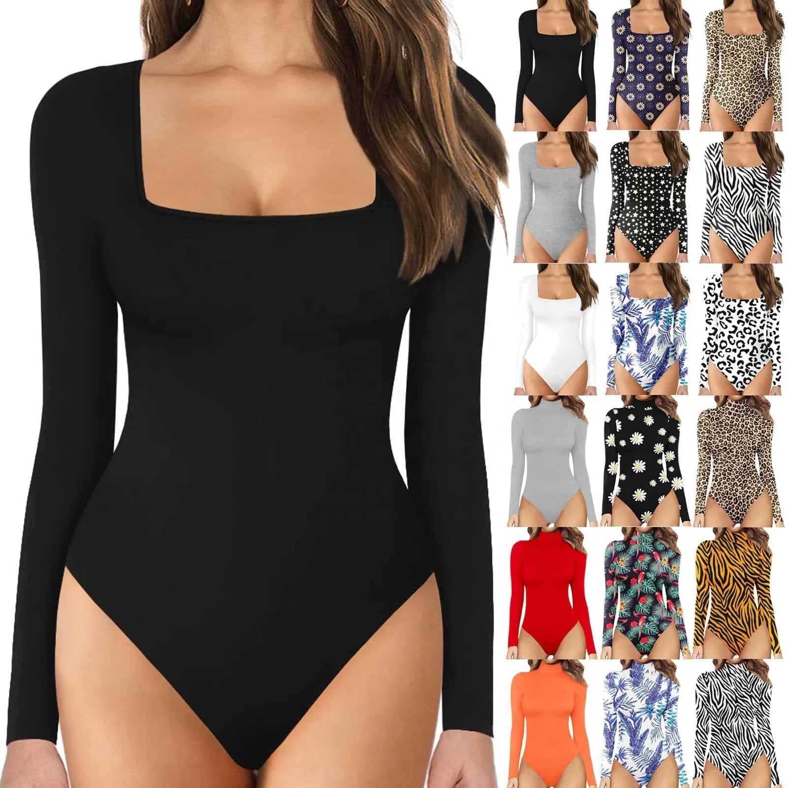 OEM Wholesale Women Casual Print Bodysuit Long Sleeve Rompers Tops Body Skinny Rompers Playsuits Jumpsuit