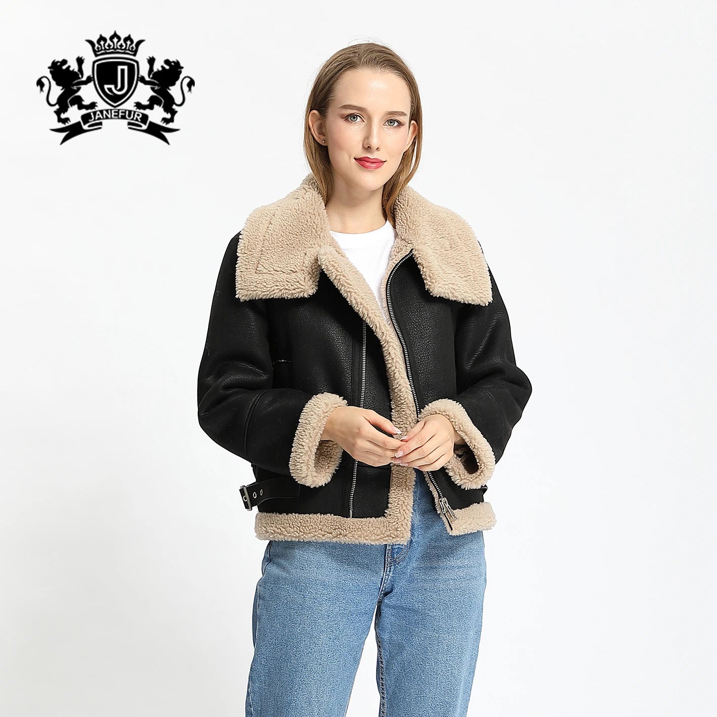 Janefur Plus Size Women Coat Motor Style Windproof Artificial Shearing Jacket Faux Leather Shearling