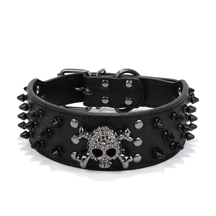 Hot Selling Round Head Skull Pattern PU Pet Collar with Nail Rivet Decorative Solid Color Dog Collar