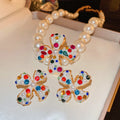 Kaimei Fashion Jewelry No Earhole Sweet Diamond Pearl Flower Earrings Korean Vintage Pearl Baroque Necklace and Earrings Sets