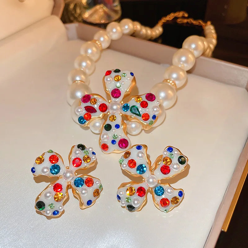Kaimei Fashion Jewelry No Earhole Sweet Diamond Pearl Flower Earrings Korean Vintage Pearl Baroque Necklace and Earrings Sets