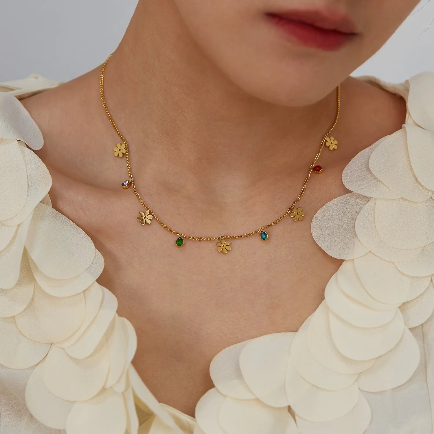 18K Gold Plated Colorful Cubic Zircon CZs Chain Stainless Steel Drop Tassel Daisy Flower Necklace for Women