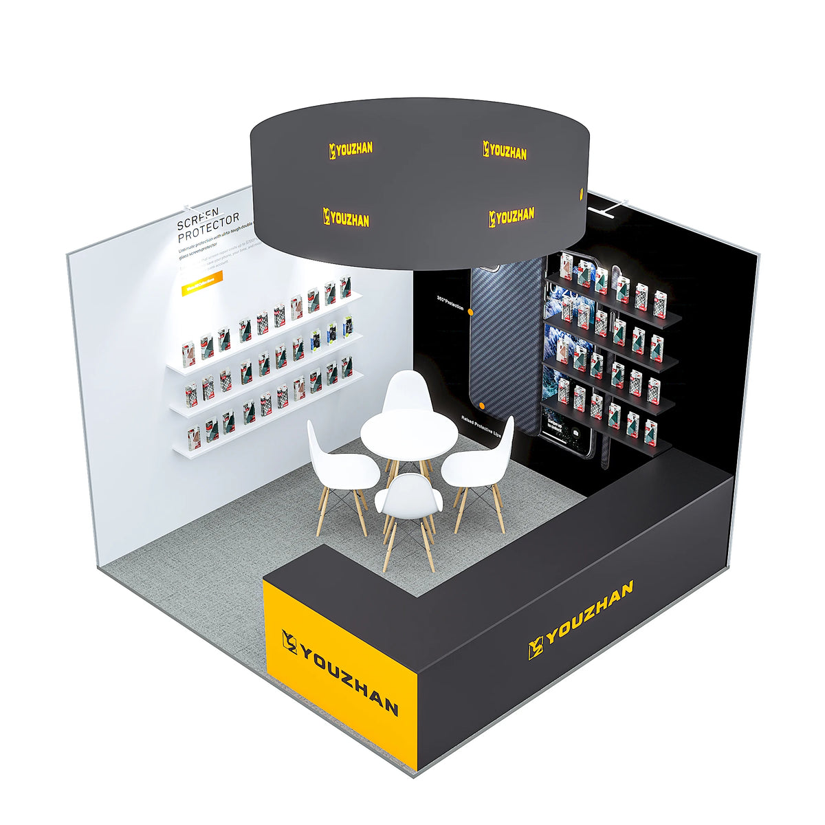 New Modular Aluminum 10x10 ft Exhibition Booth with Circular Illuminated Ceiling for Quick Installation. MegaBDM