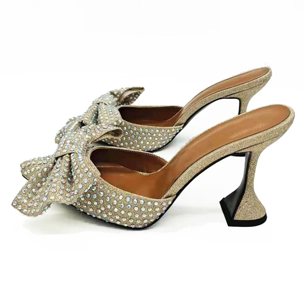 2020 New Gold Glitter Shoe Pointed Toe Rhinestone High Heel Mules Pumps for Women Bow Shoes MegaBDM