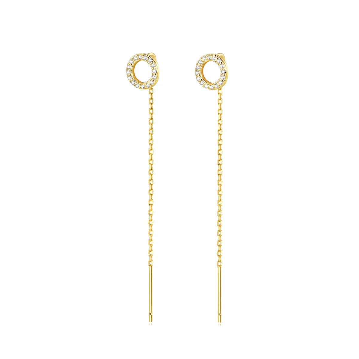 925 Sterling Silver 18K Gold Plated Circle Stud Earrings Zircon Stones Long Tassel Chain Women's Engagement Party