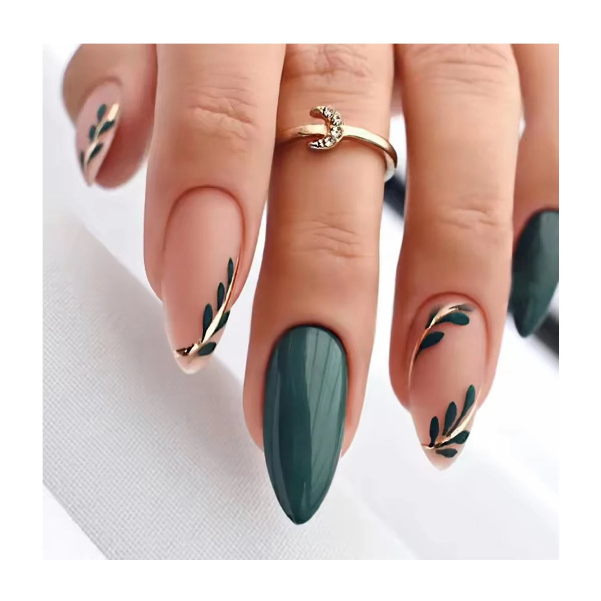New Green Color Handmade French Style Acrylic False Nails With Leaf Patterns Press on Nails Artificial Fingernails for Women