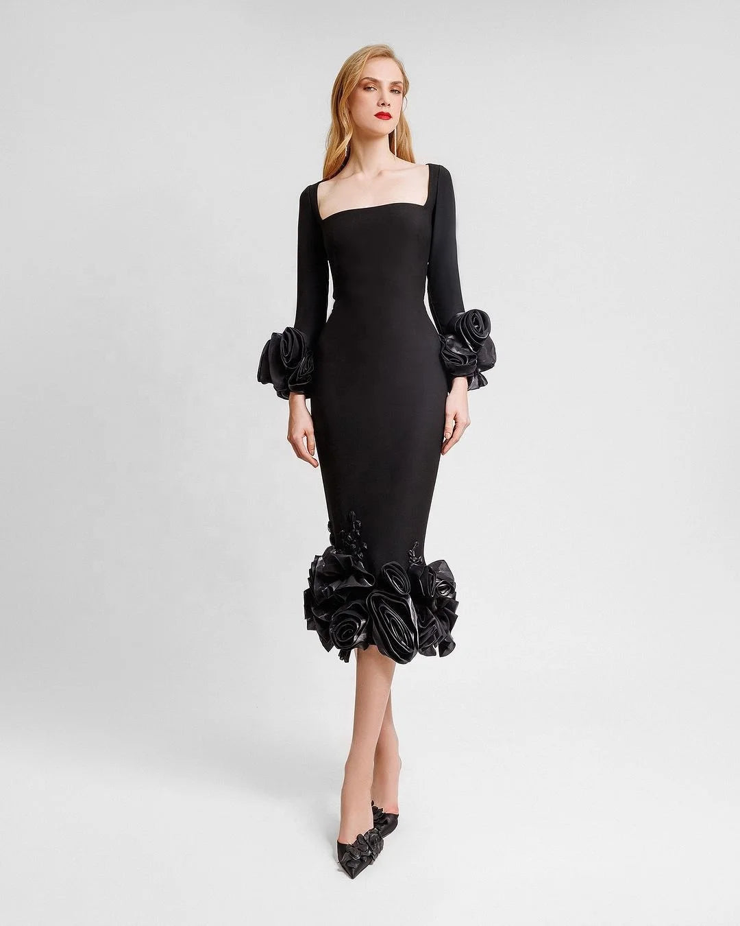 OUDINA New Fashion Diamond Party Dresses Women Evening Elegance Three-Dimensional Flower Dress Long Sleeve Evening Dresses