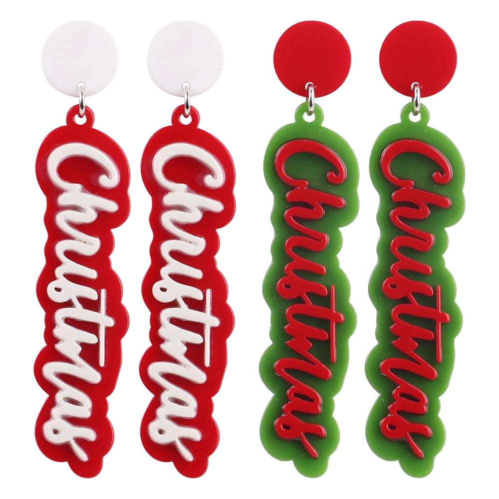 2025 Trendy Red & Green Acrylic Drop Earrings Merry Christmas Letter Design Popular Party Gift for Women Free Shipping