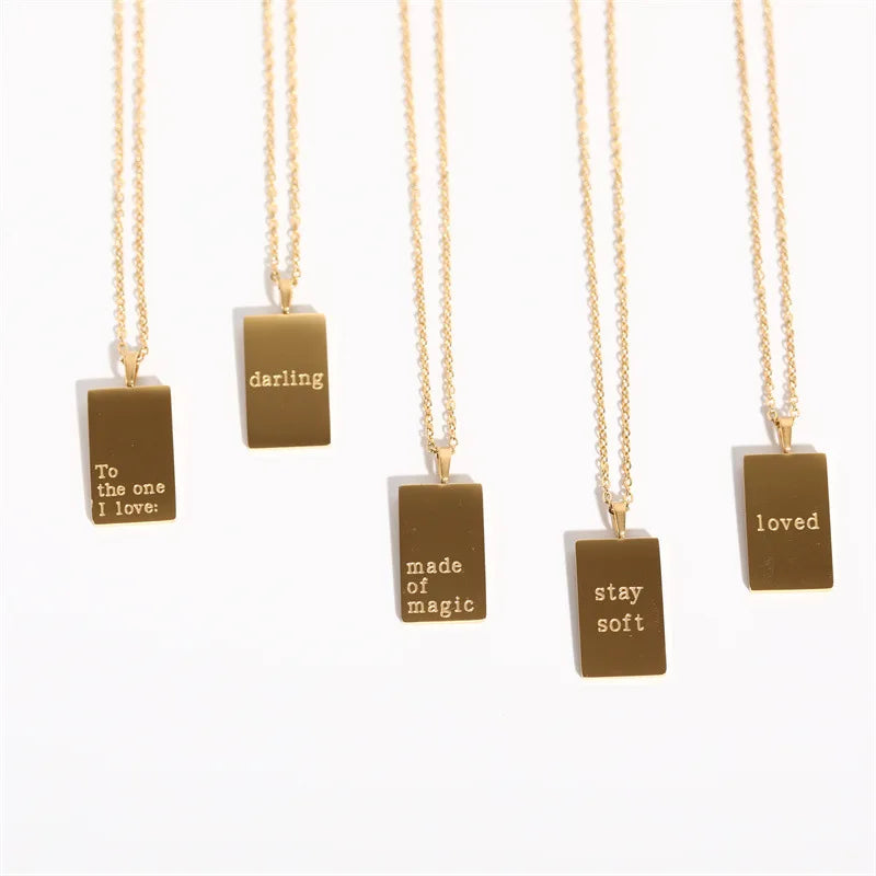 Rectangular Women Pendant Necklace Custom Saying Text Logo Deep Engraving PVD 18K Gold Plated Stainless Steel Engraved Jewelry