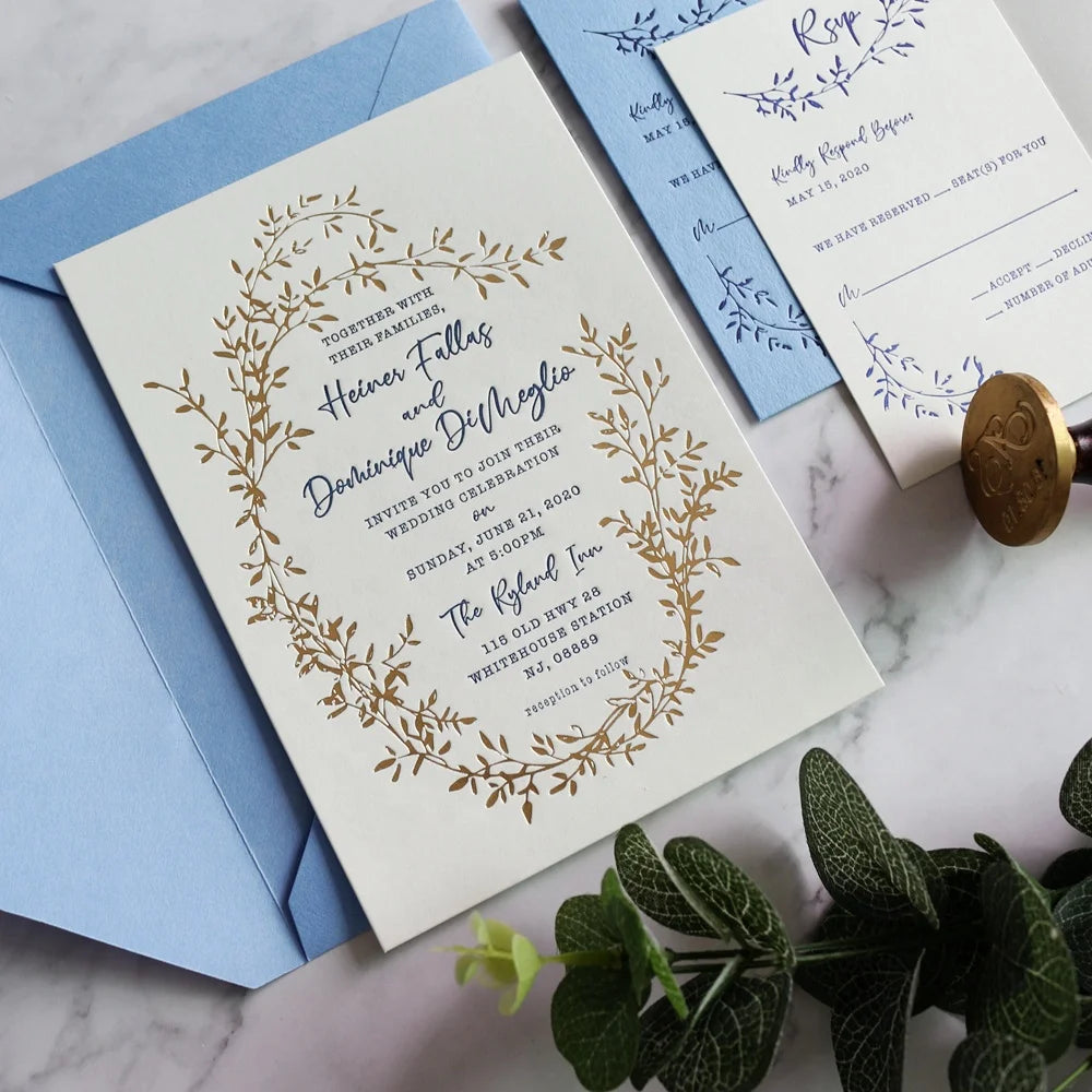 Elegant Cotton Paper Letterpress Wedding Invites with RSVP Card and Envelope