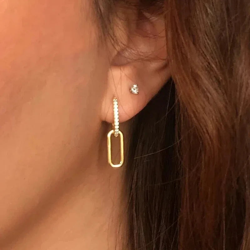 Elegant Paperclip Link Pave Moissanite Earrings 14K Gold Plated Sterling Silver Rectangle Hoop Dangling Earrings