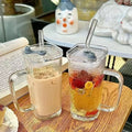 Custom logo Drinkware Square Shape Glass Drinking Beer Juice Milk Can Glass Cup With Handle and Lid and Glass Straw
