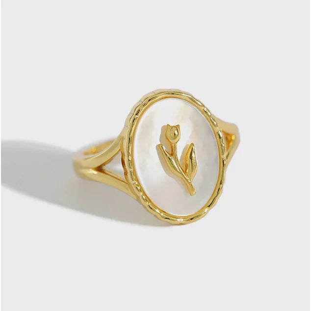 Gold Plated S925 Sterling Silver Micro Shell Open Adjustable Fashion Flower Rings for Women HJZ1139