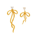 INS Chic Heart Zircon Ribbon Bow Tassel Earrings Sweet Design Asymmetric Titanium Steel Drop Earrings for Women Non Tarnish