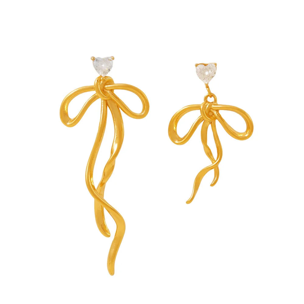 INS Chic Heart Zircon Ribbon Bow Tassel Earrings Sweet Design Asymmetric Titanium Steel Drop Earrings for Women Non Tarnish
