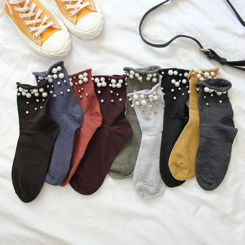 Wholesale Spring Fashion Pearl Socks Female Luxury Casual Cotton Crew Socks for Women