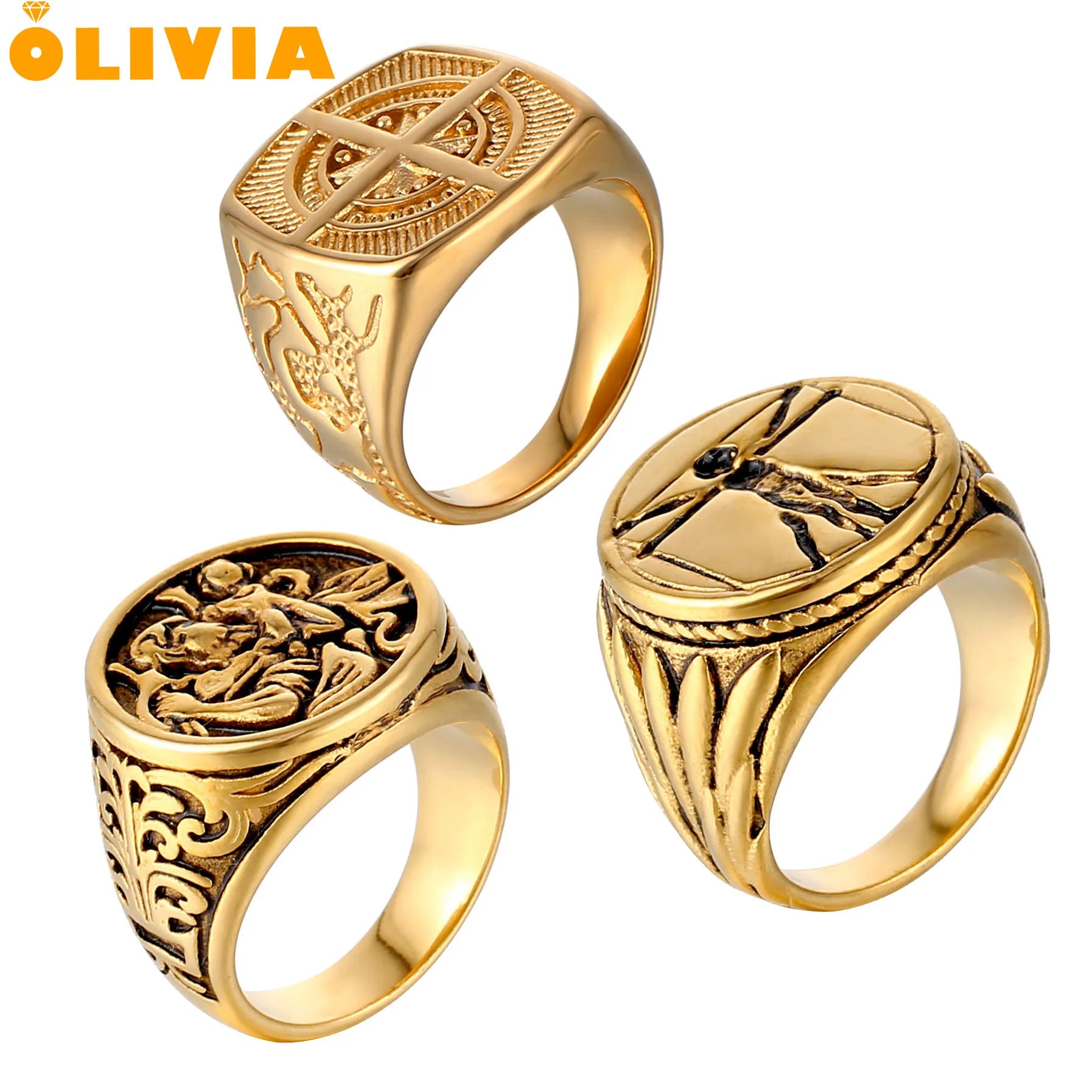 Retro Vintage Fashion Gold Compass Signet Rings No Tarnish Vitruvian Man Rings Stainless Steel Saint Christopher Ring for Men