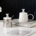 Nordic Silver Plated Big Ear Ceramic Mug with 3d Bear Lid Cute Cartoon Creative Ceramic Water Cup with Lid and Spoon