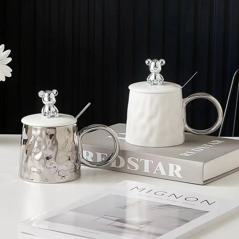 Nordic Silver Plated Big Ear Ceramic Mug with 3d Bear Lid Cute Cartoon Creative Ceramic Water Cup with Lid and Spoon