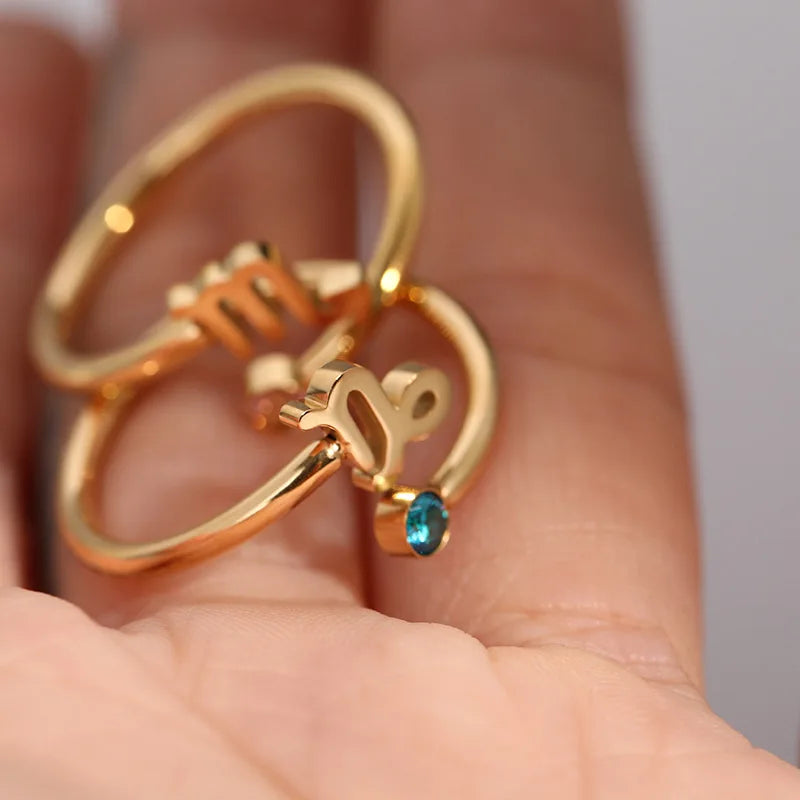MICCI Wholesale Custom 18K Gold Plated Stainless Steel Horoscope Star Adjustable Zodiac Sign Birthstone Ring