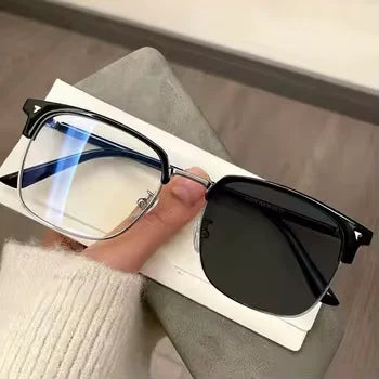Qsky Semi-rimless Eyeglass Frames Titanium Alloy Vintage square Glasses Photochromic Anti-blue Light for Men