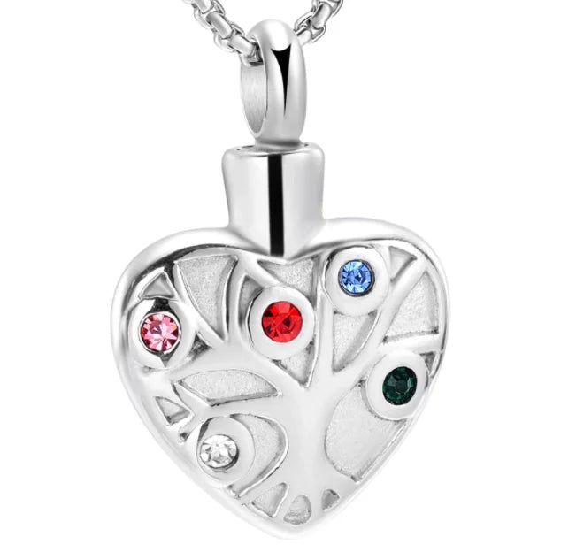 Stainless Steel Religious Heart Tree Life Cremation Urn Pendant Necklace with Crystal Keepsake Memorial