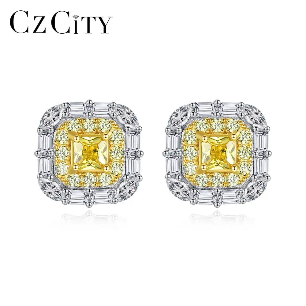 CZCITY Fancy Yellow Crystal Cubic Zirconia 925 Sterling Silver Women's Stud Earrings for Party