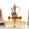 QIAN HU Classic Vintage Turkish Tea Set 6 Coffee Cups with Tray Teapot Silver Metal Iron Crystal Stones for Weddings Home Decor