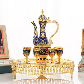 QIAN HU Classic Vintage Turkish Tea Set 6 Coffee Cups with Tray Teapot Silver Metal Iron Crystal Stones for Weddings Home Decor