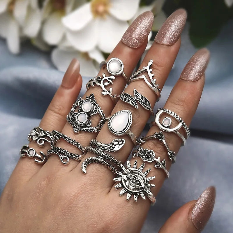 Punk Gothic Heart Black Dice Vintage Spades Ace Silver Plated Retro Rhinestone Charm Billiards Finger Ring Set for Women Jewelry