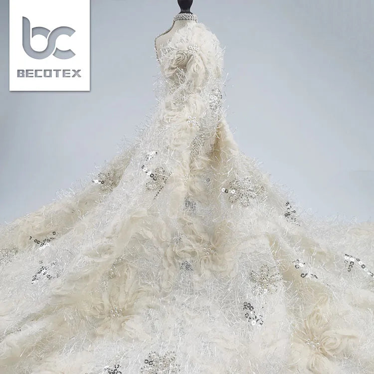 High Quality Bridal Fabric Luxury Flower Embroidery Beaded Sequins Tulle Fabric for Wedding Dress