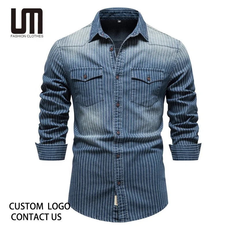 Liu Ming Good Quality Men Casual Denim Striped Stretch Long Sleeve Slim Jeans Shirts