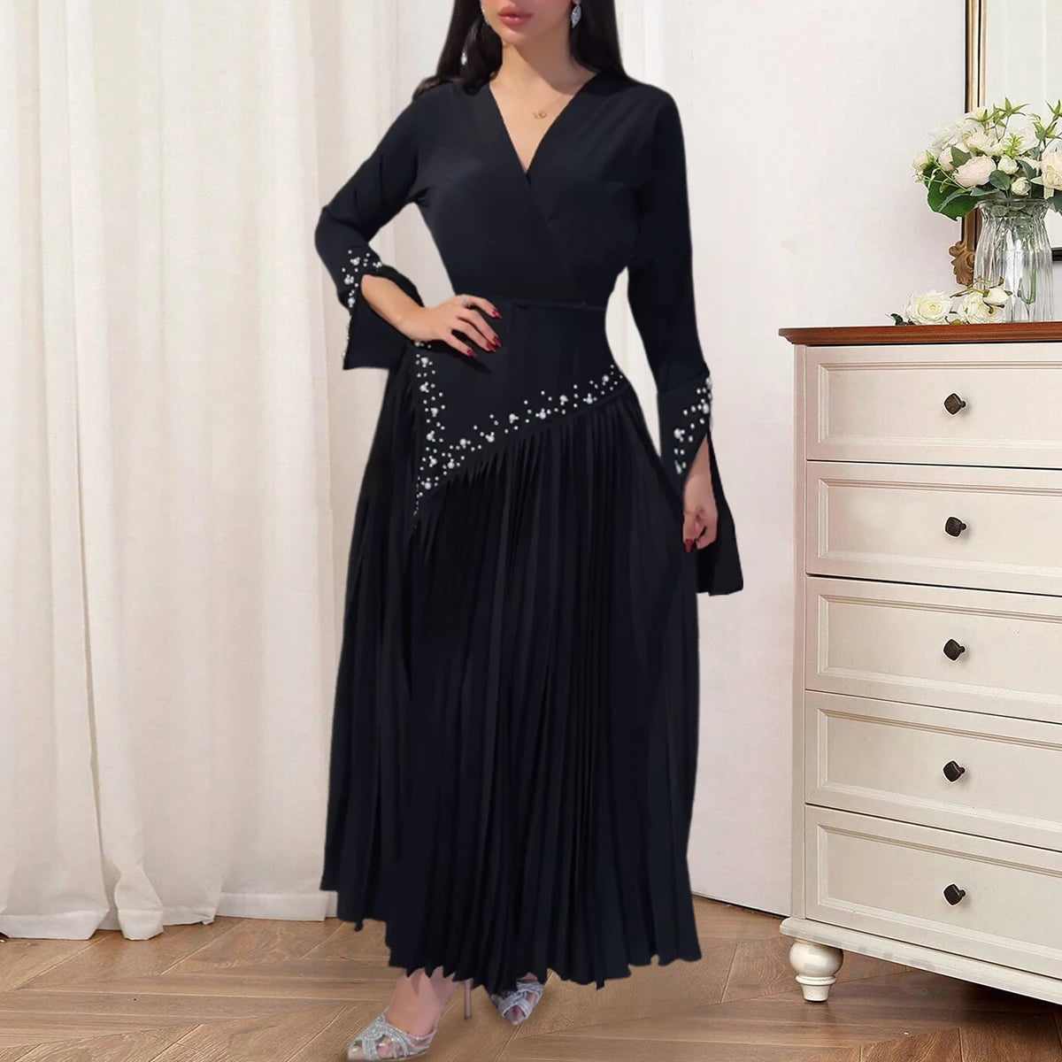 AM040608 a Line Full Bell Sleeve Beads Pleat Long Evening Black Dress for Funeral