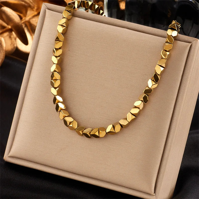 Minimalist Gold Titanium Steel Chain Necklace Handwoven Beaded Fashion Jewelry for Women - Luxury Geometric Necklaces