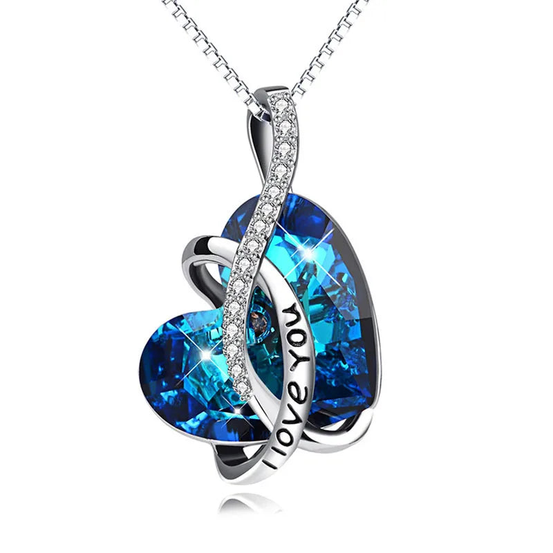 925 Sterling Silver Austrian Blue Heart Crystal Infinity Heart Pendant Necklace for Women