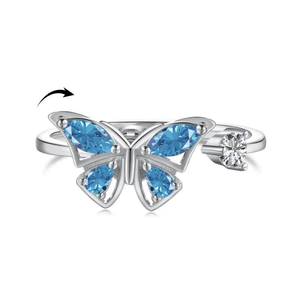 Dylam New Rotatable Blue Cubic Zircon Anxiety Butterfly Ring Open Adjustable 925 Sterling Silver Butterfly Rings Jewelry Women