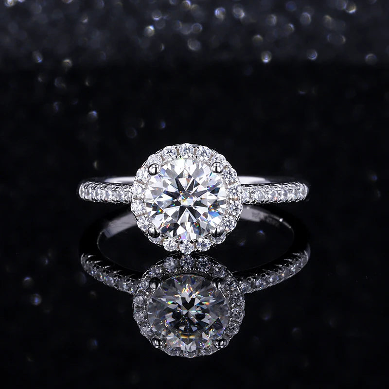 S925 Sterling Silver Cubic Zirconia halo Melee Stone 1.0ct 6.5mm Moissanite Engagement Ring